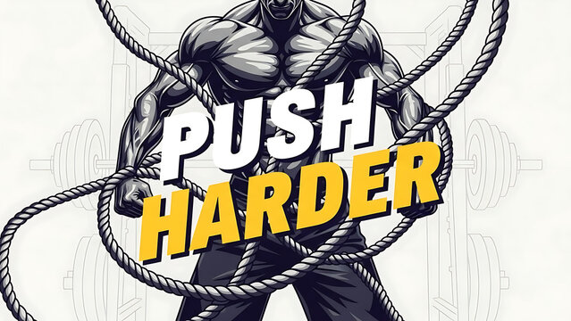 Muscular man pulling ropes, push harder motivational text, gym background, isolated on a, transparent background