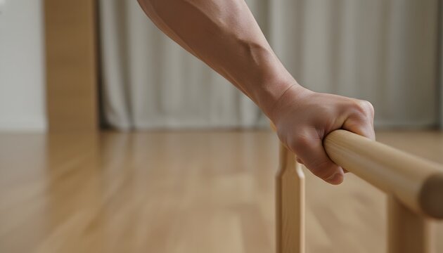 Close-up of a strong athlete's hand balancing on parallel bars in a gym studio, representing grip strength, physical fitness, and determination concept