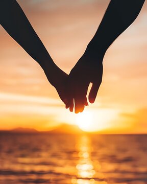 Couple Holding Hands Together at Sunset Ocean Beach