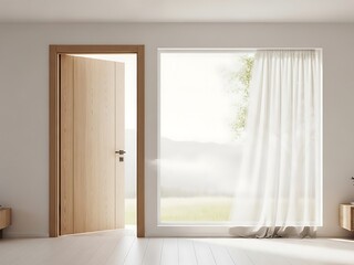Fototapeta premium Modern Minimalist Interior with Open Wooden Door and Large Window with Sheer Curtains