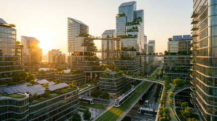 Obraz premium Futuristic eco-friendly city skyline with sustainable green architecture and modern skyscrapers at sunset