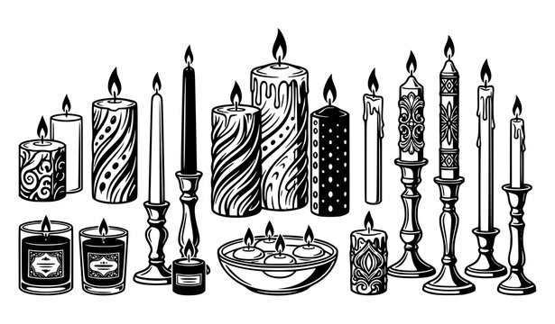 Hand Drawn Decorative Candle Collection with Burning Candles Holders and Aromatic Home Decoration Elements