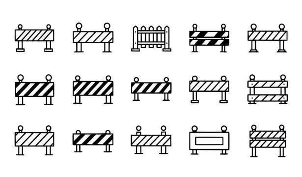 Road Construction Barrier and Traffic Barricade Icon Collection with Safety Warning and Work Zone Symbols