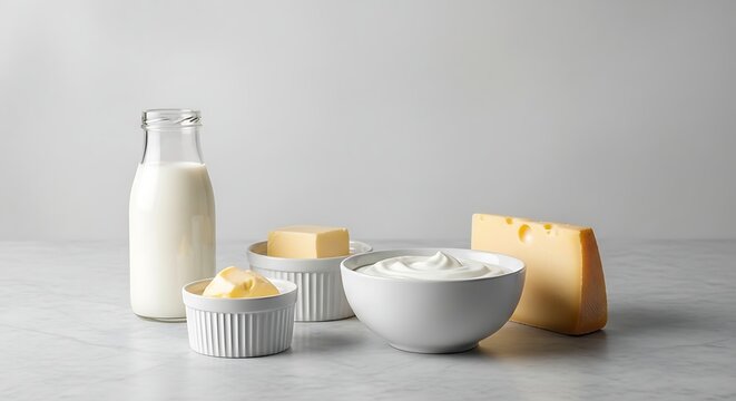 Fresh dairy products including milk, butter, yogurt, and cheese on a light grey marble surface assortment of healthy natural food items for a balanced diet