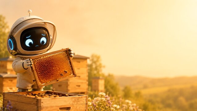 Adorable robot beekeeper holding a honeycomb frame in a warm countryside illustration with copy space