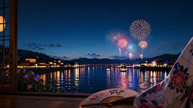 yukata. Folded fan and yukata sleeve on doorstep with fireworks over Sumida River, Tokyo summer celebration. event programs, museum guides, designed for cultural heritage projects and event programs.