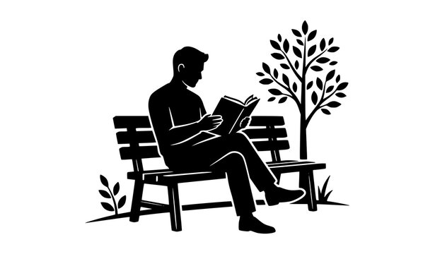 Man Sitting on Park Bench Silhouette Illustration with Tree Nature Relaxation and Outdoor Lifestyle Theme