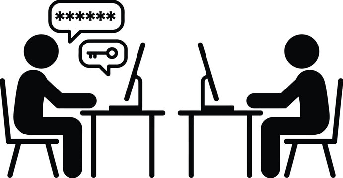 Two people sharing password over laptops at a meeting