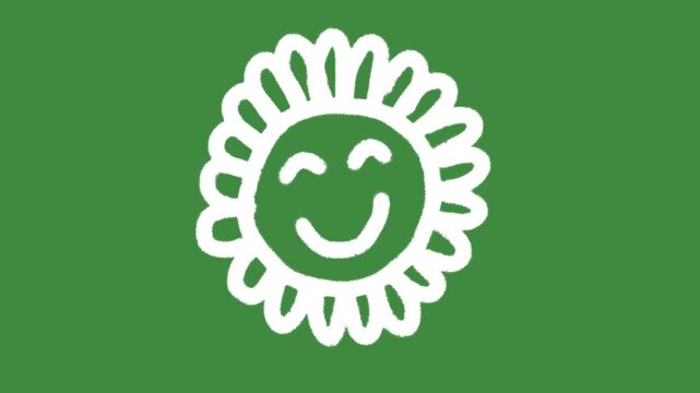 White nature happy sunflower cartoon graphic with chalk outline smiling flower icon isolated on green screen background for eco-friendly agriculture symbol and cheerful botanical growth element.