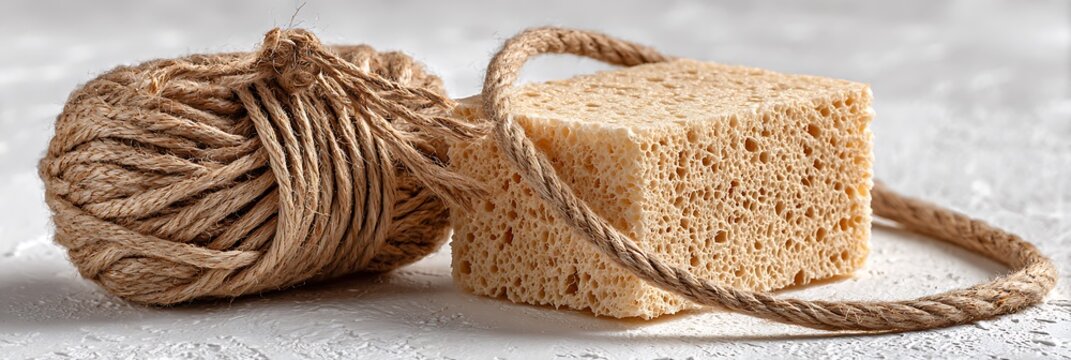 Natural cellulose sponge with organic jute twine rope next to a ball of hemp string on a textured white surface for sustainable zero waste lifestyle concept