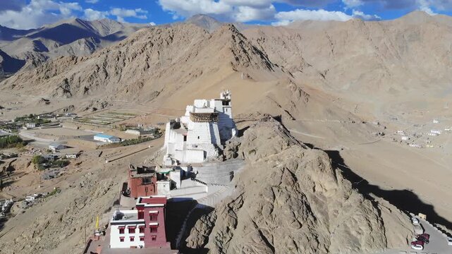 Cinematic orbit shot of Namgyal Tsemo overlooking Leh Ladakh. India Tourism and Travel