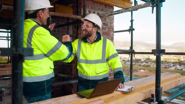 Handshake, men and construction workers with laptop on site for infrastructure planning with approval. Happy, teamwork and male civil engineers with computer for positive feedback on architecture.