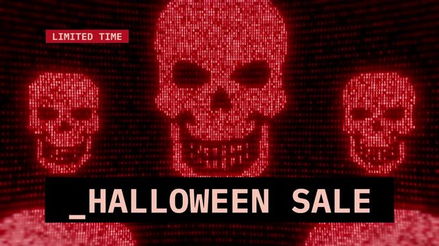 Spooky Halloween Skull Background with Red Digital Glitch Effect