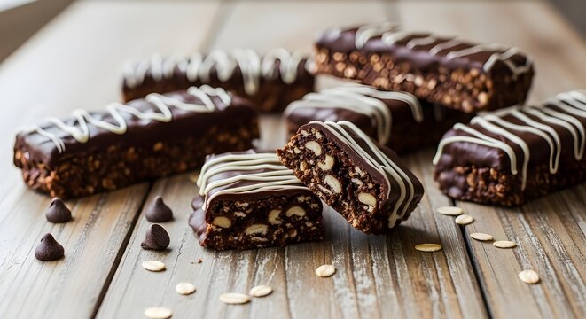 Chocolate Granola Bars on Wooden Table