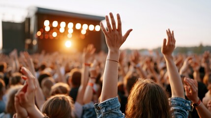Fototapeta premium Crowd with raised hands at a music festival during a golden sunset