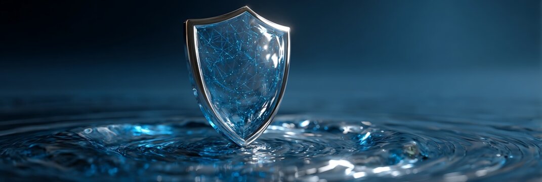 Digital security shield with glowing blue network pattern standing in rippling water representing cyber protection, data privacy, and advanced online safety solutions