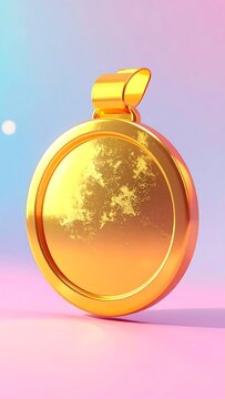 Shiny Golden Round Pendant Standing on Pastel Pink Surface