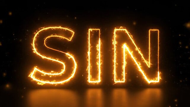 The word sin written in burning fire letters against a dark black background representing evil and judgment.