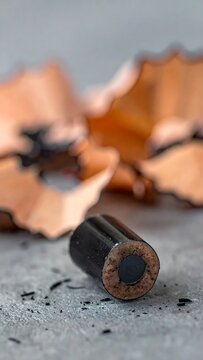 Black Pencil Stub Resting on Gray Surface with Blurred Wooden Shavings