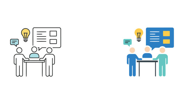 Business team brainstorming session icon set with lightbulb ideas and task lists for collaborative project planning and creative problem solving in professional environments