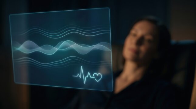 Holographic Medical Interface with Heart Rate Pulse Icon Over Blurred Patient in Dark Moody Room