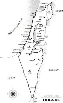 Detailed black and white vector map of Israel. Perfect for editorial, educational, travel, political and geographic projects.