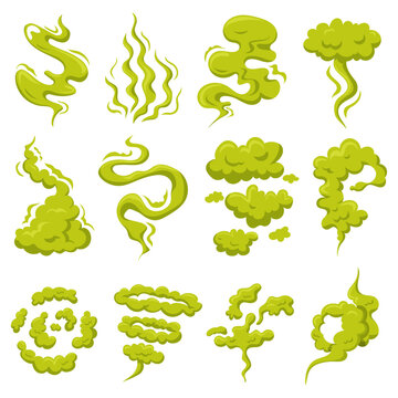 Bad smell cloud set vector isolated. Illustration of toxic smell, green gas clouds. Stinky steam. Collection of stinky air shapes. Poisonous cloud.
