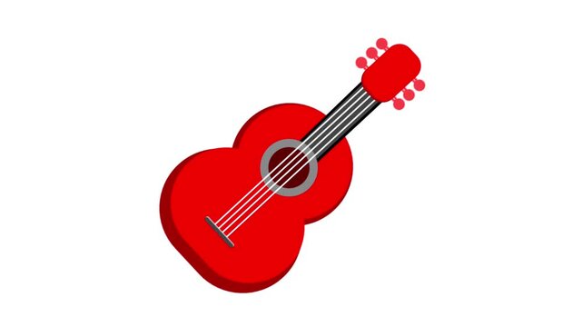A stylized red acoustic guitar scales down and zooms back into the center of the frame against a clean white background followed by a green screen keying version.