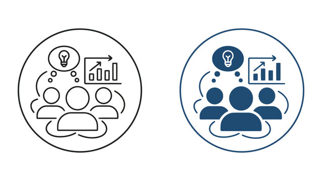 Team brainstorm and business strategy icon set with lightbulb ideas and performance charts in circular frame flat vector style for corporate management and startup innovation