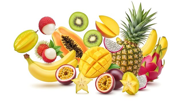 A vibrant assortment of exotic and tropical fruits, including pineapple, mango, papaya, dragon fruit, kiwi, bananas, passion fruit, star fruit, and lychee, artfully arranged.