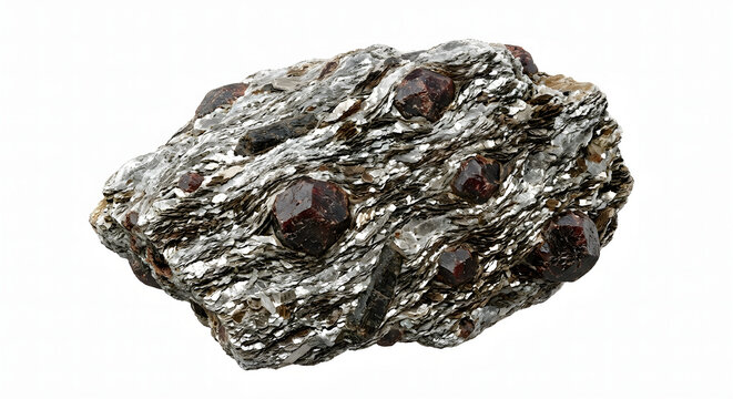Highly Detailed Garnet Schist Rock with Mica Flakes, Isolated on a White Background, Suitable for Science Education