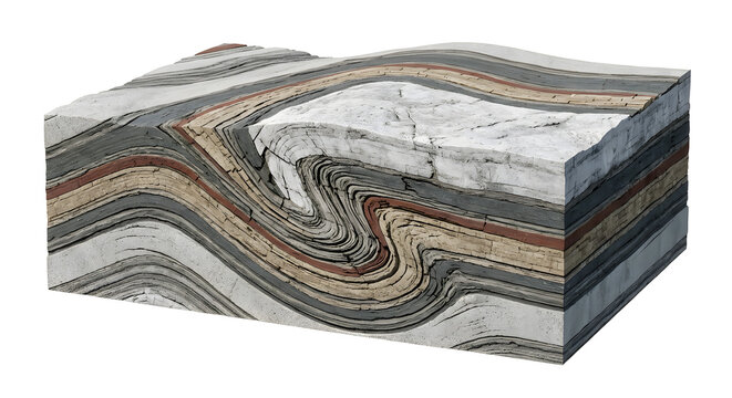 Geological Recumbent Fold with Overturned Limb Geometry, 3D Scientific Render Isolated on White Background, Suitable for Science Education