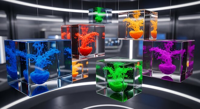 Abstract colorful ink dissolving in water inside clear glass cubes, creating mesmerizing patterns and shapes.