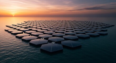 Fototapeta premium Expansive hexagonal solar panel array floating on the ocean at sunset, showcasing renewable energy innovation.