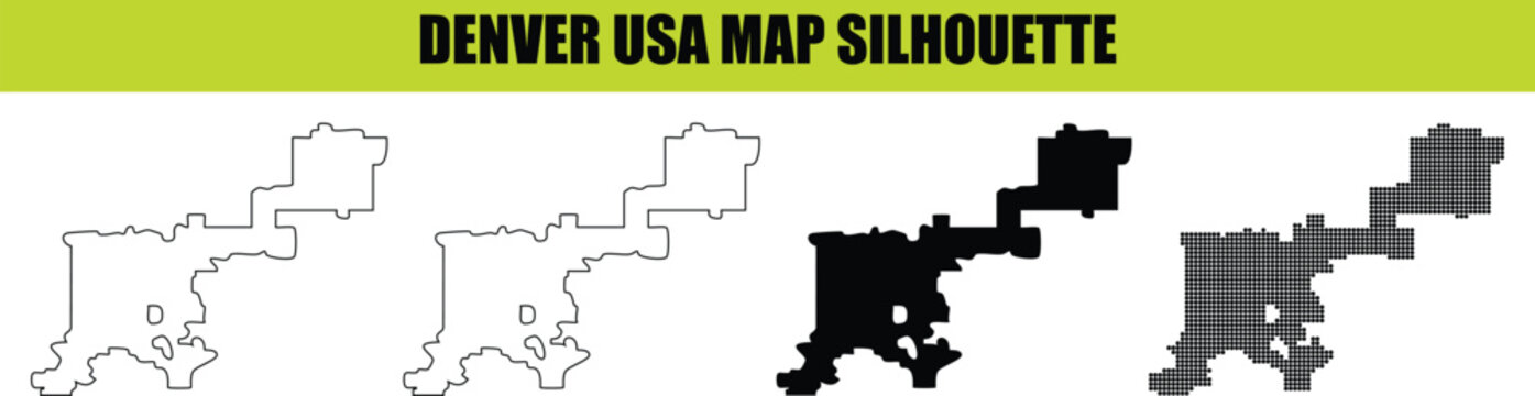 Denver usa map silhouette collection featuring solid fill outline and halftone dot vector designs for colorado city.