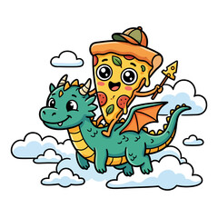 Obraz premium A cartoon pizza character rides a green dragon through cloudy skies.
