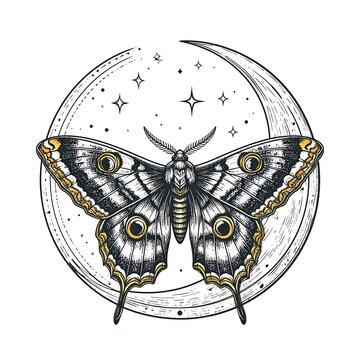 Detailed Lunar Moth Illustration with Spread Wings in Celestial Moon Circle