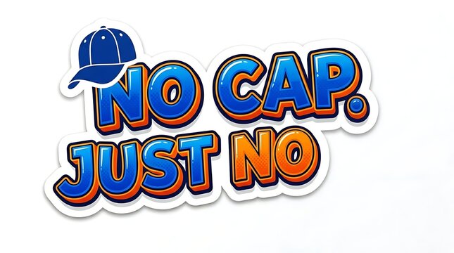 A vibrant graphic sticker featuring the phrase 'NO CAP. JUST NO' in bold blue and orange letters with a baseball cap icon above the text.