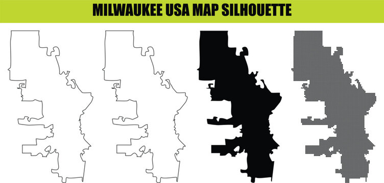 Milwaukee usa map silhouette set including solid outline transparent and dotted vector shapes on checkered background.