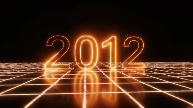 Glowing orange neon 2012 number reflecting on a dark surface for historical or anniversary concepts.