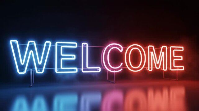 Glowing neon welcome sign in blue and red tones with smoky atmosphere and floor reflection.