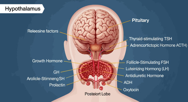 Detailed Diagram of Hypothalamus and Pituitary Gland in Human Brain.