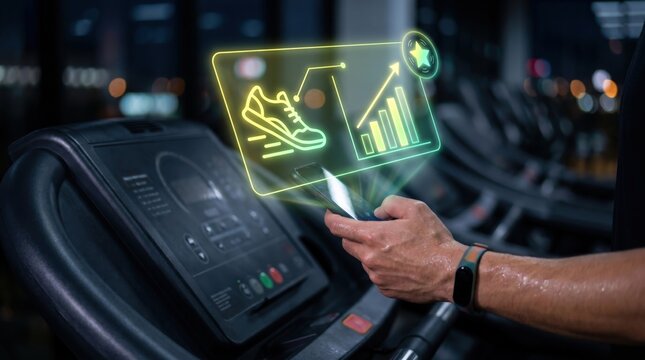Fitness Tracking Tech Concept: Holographic UI Workout Graph and Achievement Badge Over Smartphone in Dark Gym
