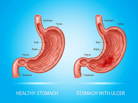 Healthy stomach versus stomach with ulcer medical illustration image