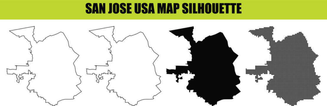 San jose usa map silhouette collection, isolated maps with different styles, transparent background.