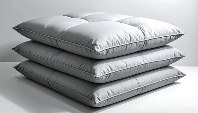 A stack of three gray pillows on a white surface