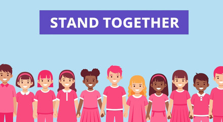 Diverse group of children standing together in pink shirts, promoting unity and support.