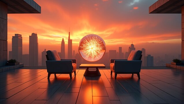 Two dark leather armchairs flank a wooden side table with a glowing starburst orb lamp, set on a polished rooftop terrace overlooking a skyscraper skyline beneath vivid orange sunset skies.