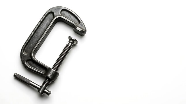 Metal C-clamp tool isolated on white background with copy space