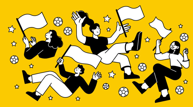 Flat vector illustration of diverse people waving blank flags on a yellow background, presenting community leadership and message sharing